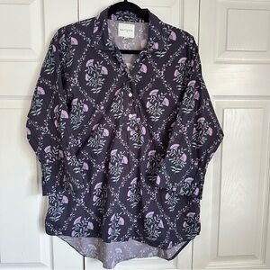 Marigold Shirt Womens XL Purple Floral Print Cotton Button Up Top Boho Tunic